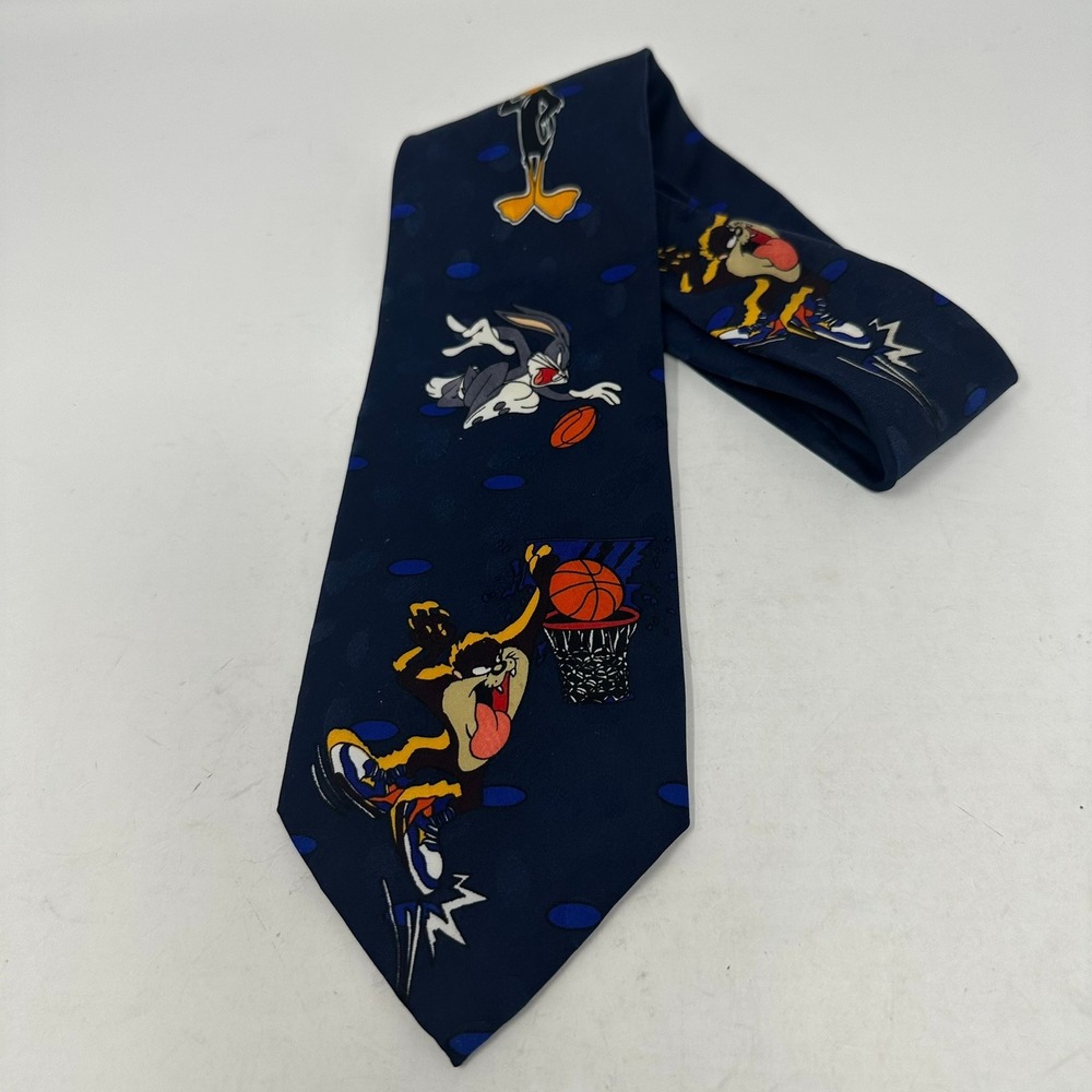 Looney Tunes Necktie Men Navy Mania Basketball Bugs Daffy Taz 1994 Vintage